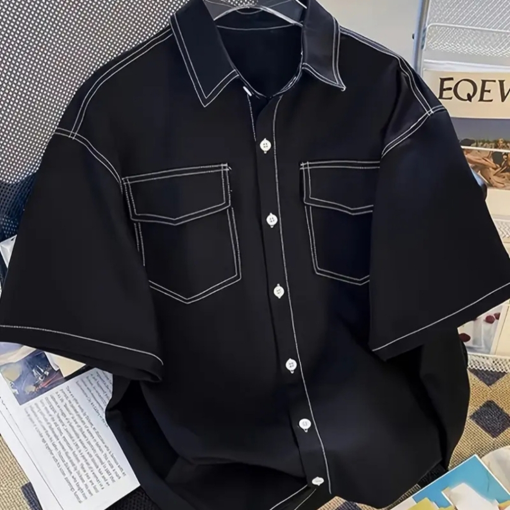 Men's Black Short-Sleeve Button-Up Shirt with Contrast Stitching